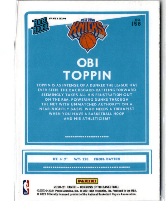 2020 Donruss Optic Purple Prizm Rated Rookie #158 Obi Toppin New York Knicks