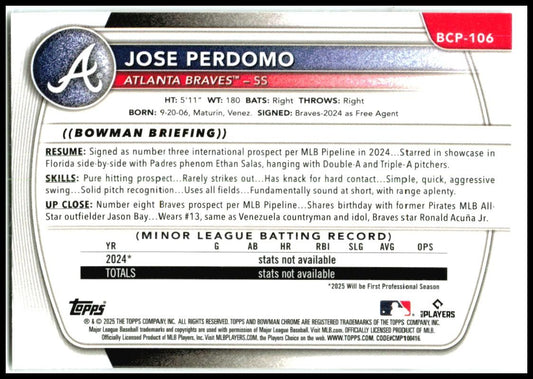 2025 Bowman Chrome Prospects #BCP-106 Jose Perdomo Atlanta Braves