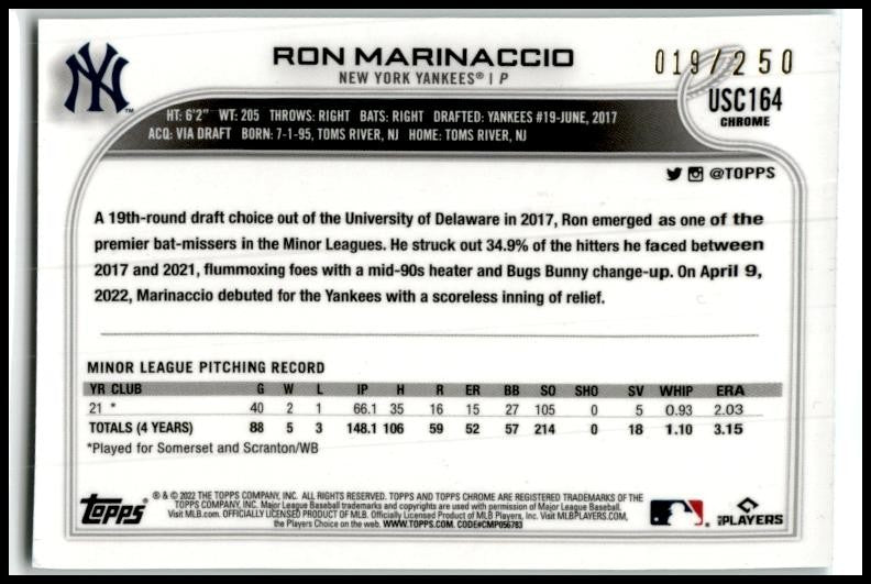 2022 Topps Update Aqua Refractor #/250 #US165 Ron Marinaccio Rookie Yankees
