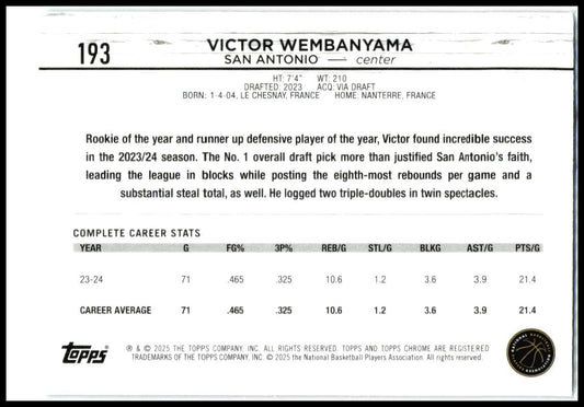 2024-25 Topps Chrome Pink Refractor #193 Victor Wembanyama San Antonio Spurs