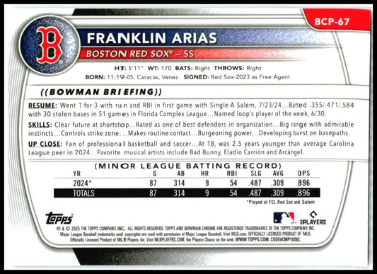 2025 Bowman Prospects Mojo Refractor #BCP-67 Franklin Arias Boston