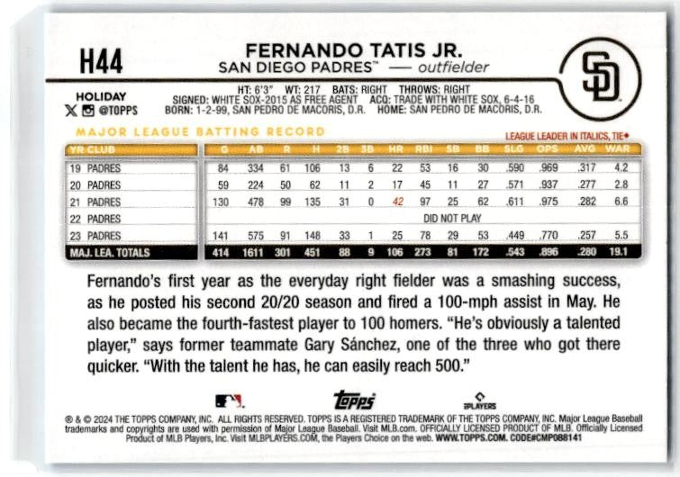 2024 Topps Holiday #H44 Fernando Tatis Jr. San Diego Padres