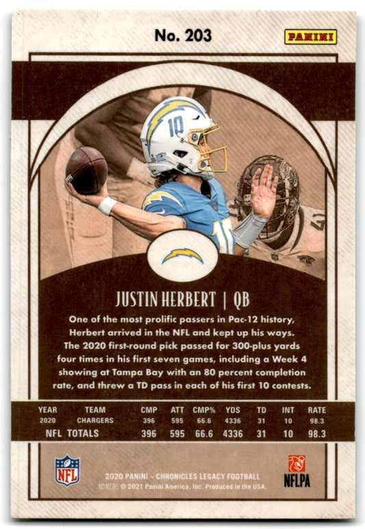 2020 Panini Legacy Justin Herbert Rookie Los Angeles Chargers #203