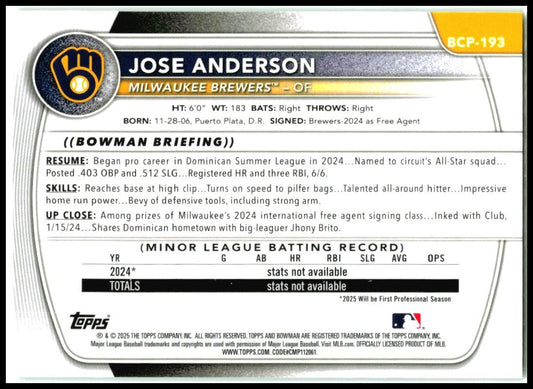 2025 Bowman Chrome Green Wave /99 #BCP-193 Jose Anderson Brewers