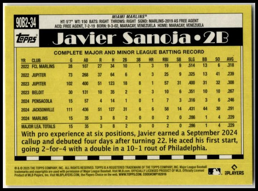 2025 Topps 1990 Topps 35th Anniversary #90B2-34 Javier Sanoja Miami Marlins