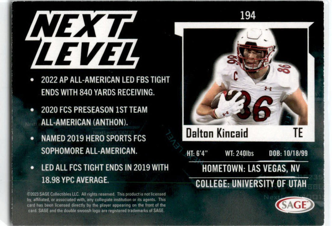 2023 SAGE HIT Next Level #194 Dalton Kincaid Utah Utes