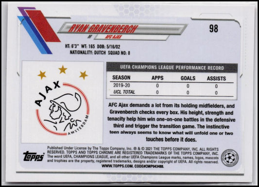 2020-21 Topps Chrome UEFA Champions League #98 Ryan Gravenberch Pink X-Fractor