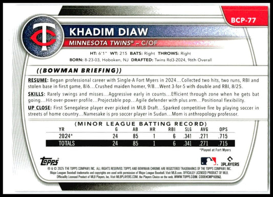 2025 Bowman Chrome Prospects Fuchsia Wave Refractor #BCP-77 Khadim Diaw Twins