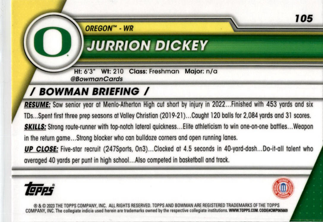 2023 Bowman University Chrome Pink #105 Jurrion Dickey Oregon Ducks