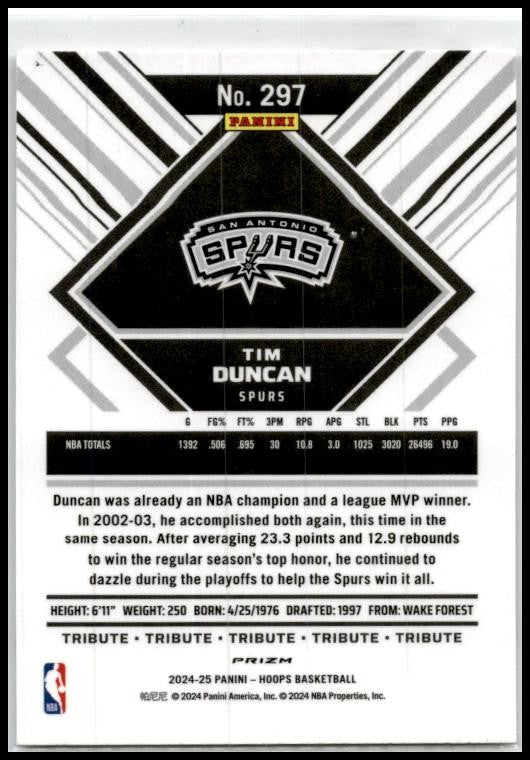 2024-25 Hoops Winter Winter Prizms Premium #297 Tim Duncan San Antonio Spurs