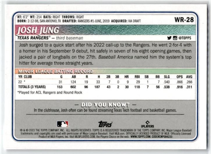 2023 Topps Big League #WR-28 Josh Jung Rookie Texas Rangers