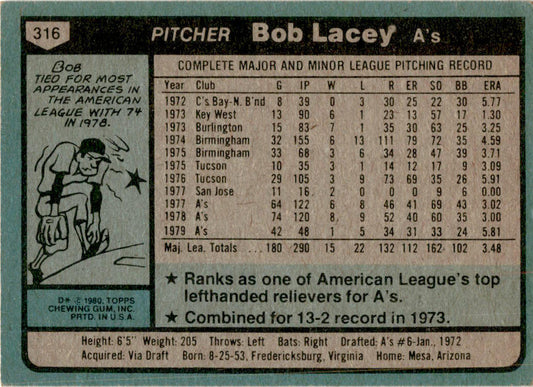 1980 Topps #316 Bob Lacey Oakland Athletics