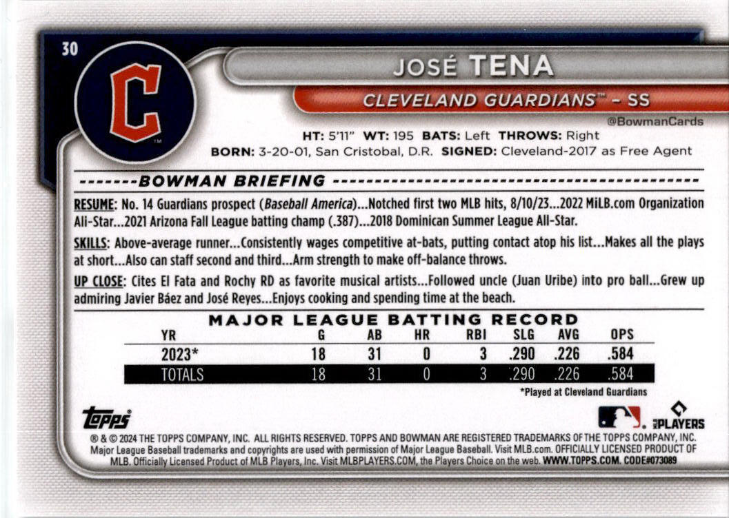 2024 Bowman #30 José Tena Rookie