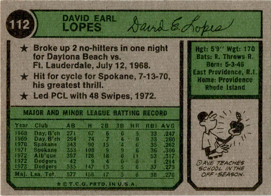 1974 Topps #112 Dave Lopes Los Angeles Dodgers