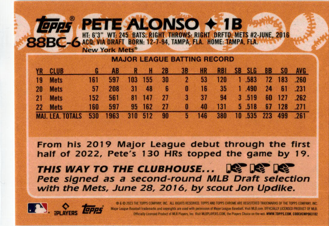 2023 Topps Chrome #88BC-6 Pete Alonso New York Mets
