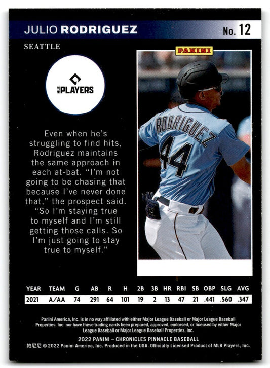 2022 Panini Chronicles Pinnacle Julio Rodriguez Rookie Seattle Mariners #12