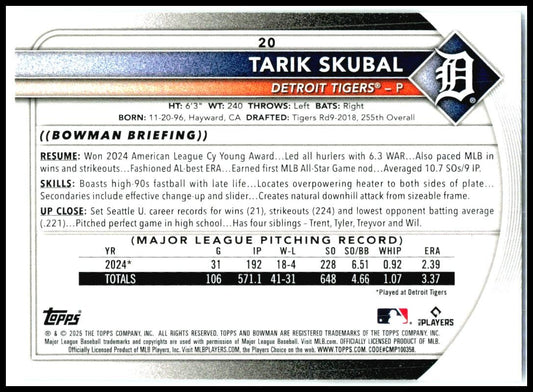 2025 Bowman #20 Tarik Skubal Detroit Tigers