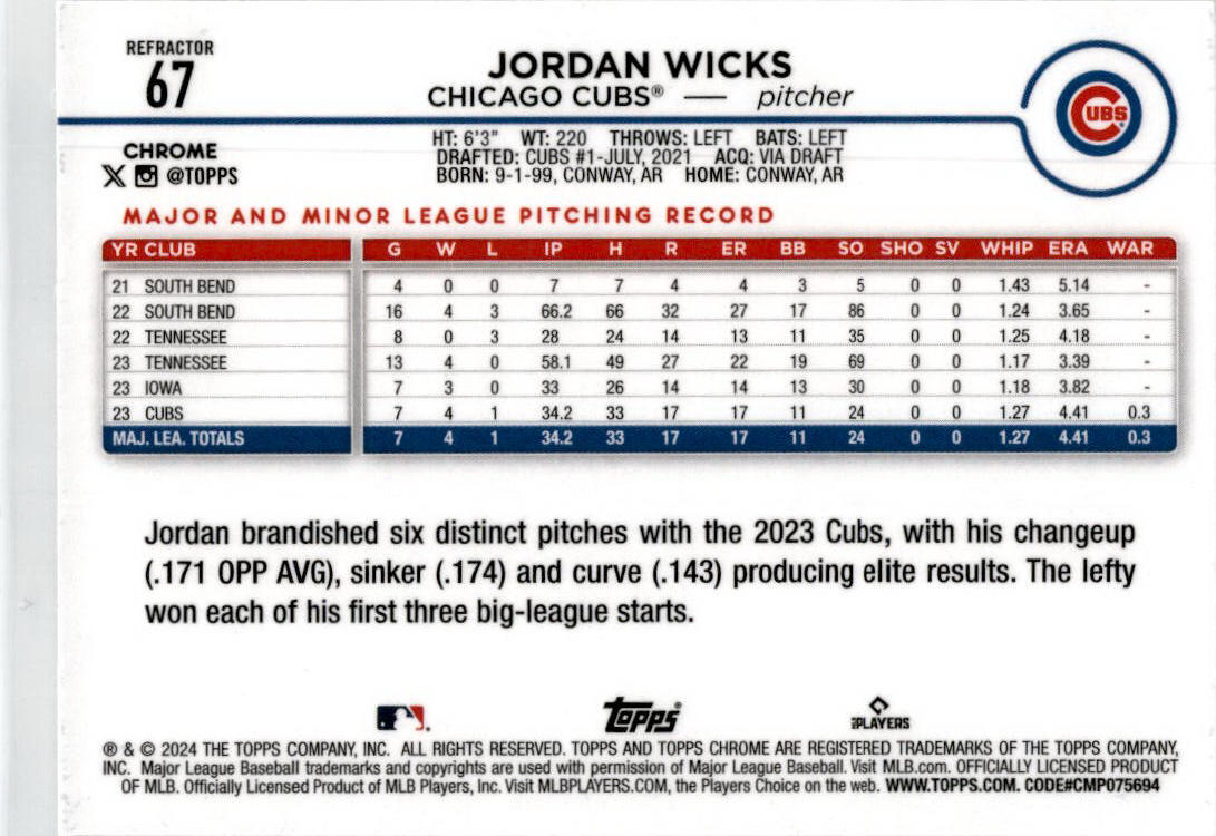 2024 Topps Chrome Refractors #67 Jordan Wicks Rookie Chicago Cubs