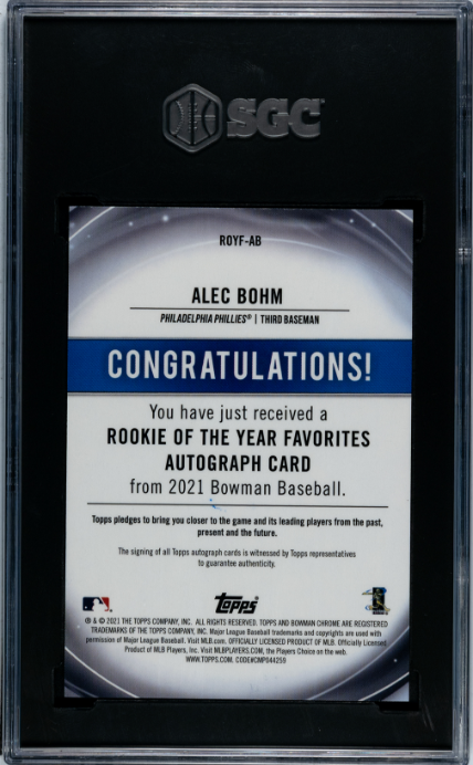 2021 Bowman Chrome Draft Roy Favorites Auto Orange Refractor Alec Bohm SGC 10