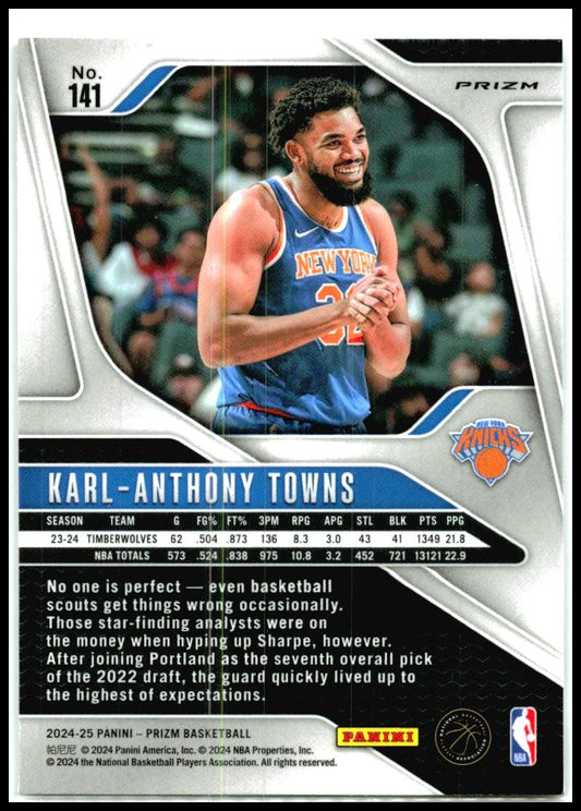 2024-25 Panini Prizm Prizms Silver #141 Karl-Anthony Towns New York Knicks