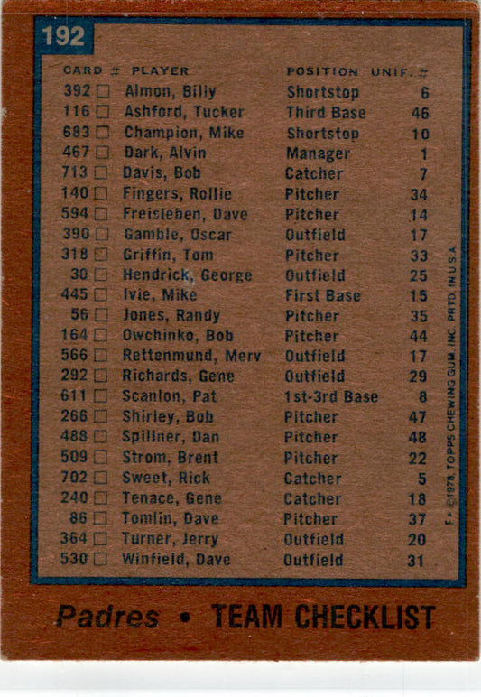 1978 Topps #192 San Diego Padres