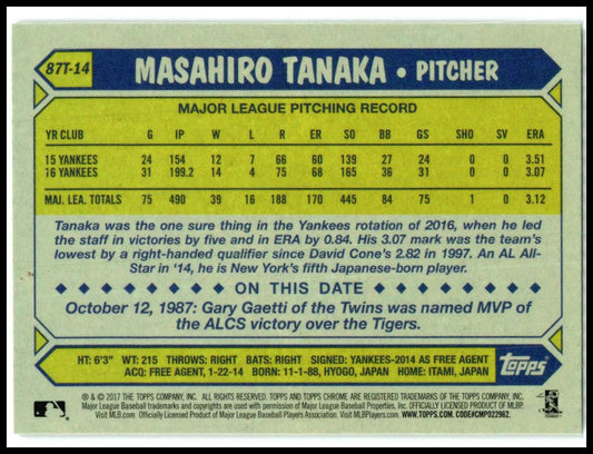 2017 Topps Chrome 1987 Topps 30th Anniversary #87T-14 Masahiro Tanaka Yankees