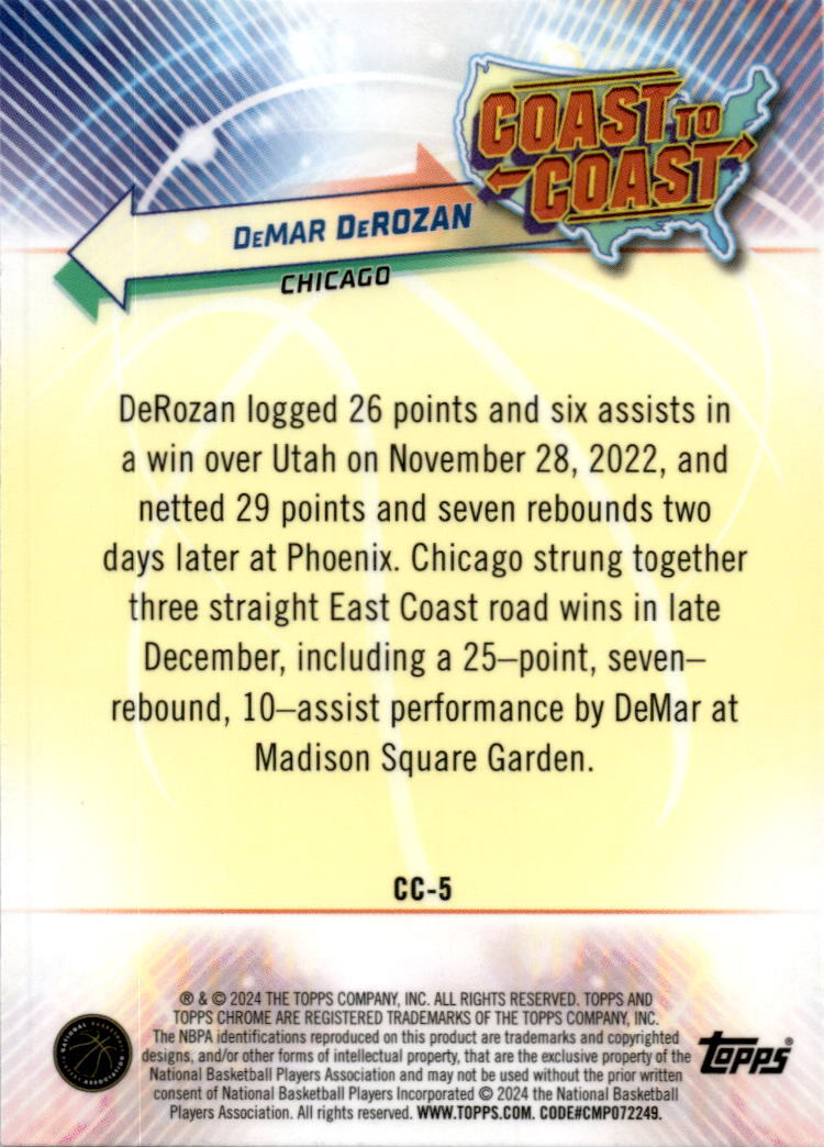 2023-24 Topps Chrome Coast to Coast Gold #CC-5 DeMar DeRozan /50 Chicago Bulls