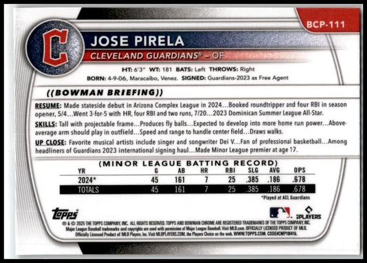 2025 Bowman Reptilian Refractor #BCP-111 Jose Pirela Guardians