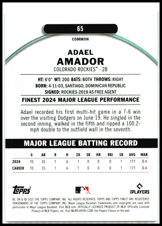 2025 Topps Finest #65 Adael Amdor Rookie Rockies