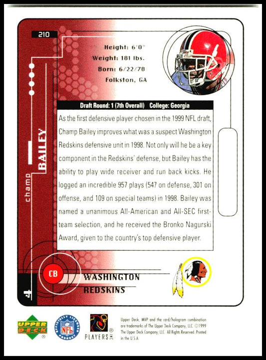 1999 Upper Deck MVP #210 Champ Bailey Rookie Washington Redskins