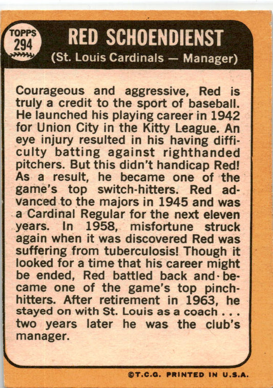 1968 Topps #294 Red Schoendienst St. Louis Cardinals