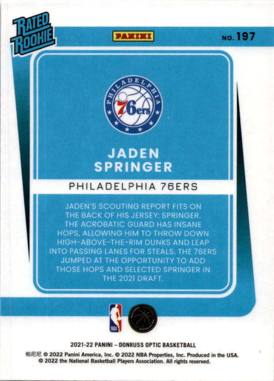 2021-22 Donruss Optic #197 Jaden Springer Rookie Philadelphia 76ers
