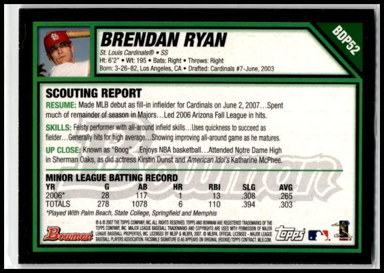 2007 Bowman Draft Picks & Prospects #BDP52 Brendan Ryan St. Louis Cardinals