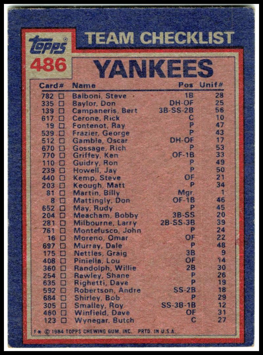 1984 Topps #486 Yankees Leaders / Checklist Don Baylor / Ron Guidry Yankees