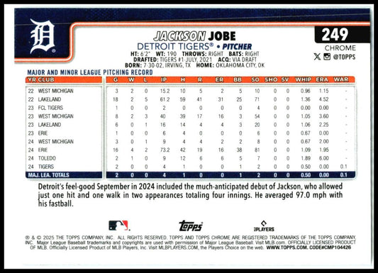 2025 Topps Chrome #249 Jackson Jobe Rookie Detroit Tigers