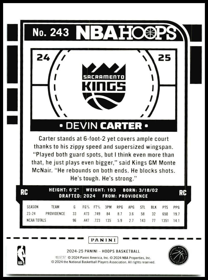 2024-25 Hoops Winter #243 Devin Carter Rookie Sacramento Kings