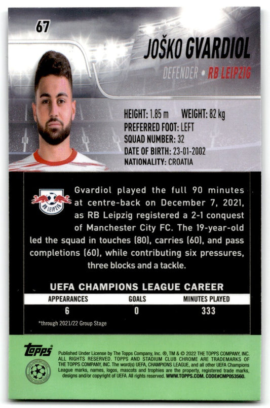 2022 Stadium Club Chrome Josko Gvardiol RB Leipzig #67