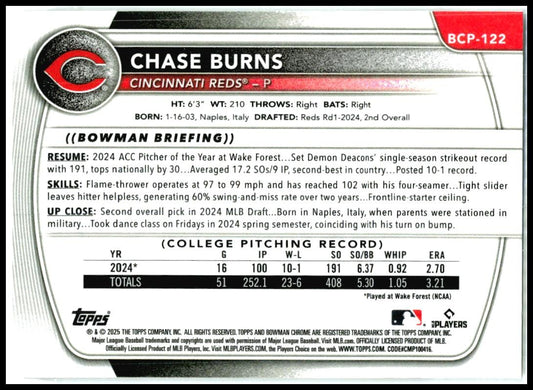 2025 Bowman #BCP-122 Chase Burns Cincinnati Reds