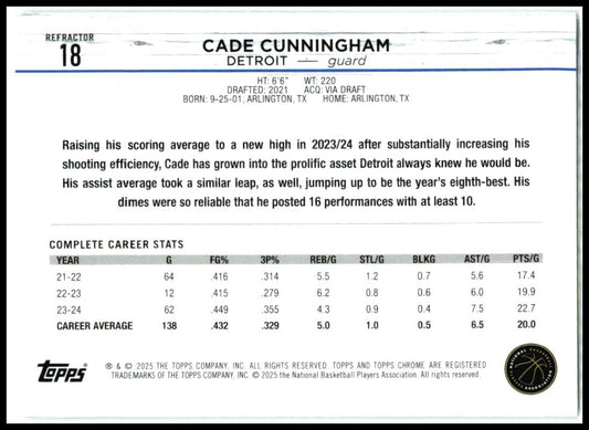 2024-25 Topps Chrome Refractor #18 Cade Cunningham Detroit Pistons