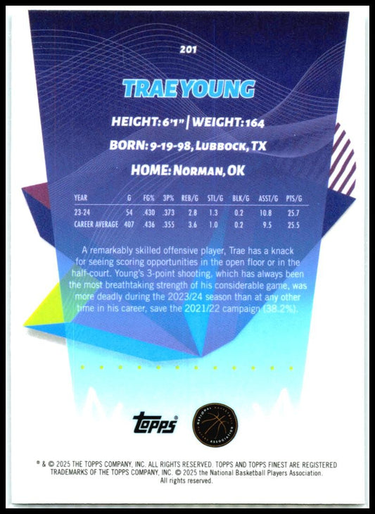2024-25 Topps Finest Sky Blue Refractor #201 Trae Young Hawks