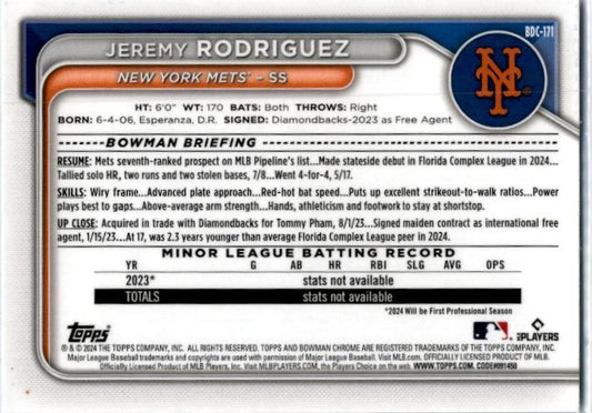 2024 Bowman Draft Chrome Auqa Refractor #BDC-171 Jeremy Rodriguez New York Mets