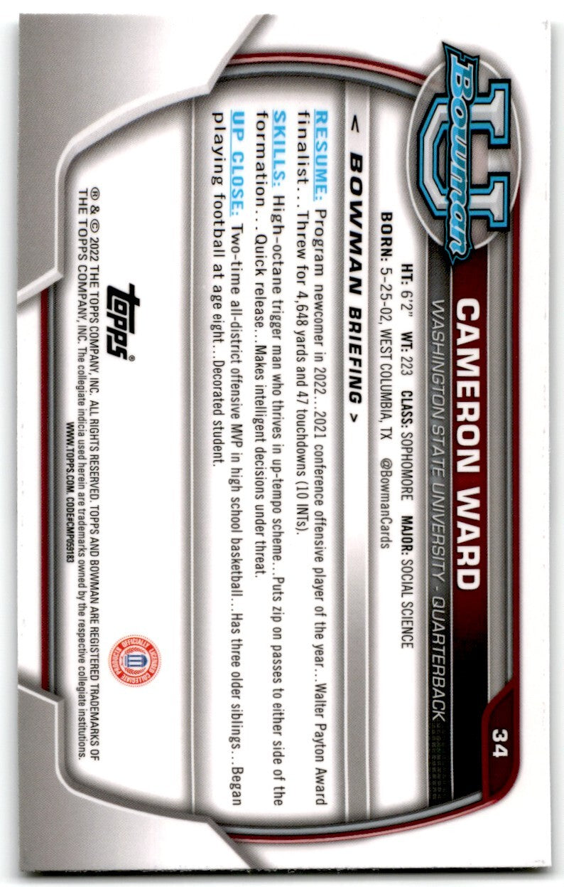 2022 Bowman University Chrome Cameron Ward Washington State Cougars #34
