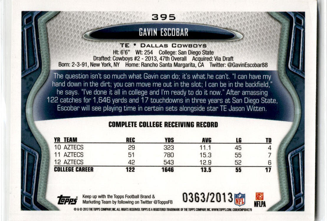2013 Topps Gold #395 Gavin Escobar Dallas Cowboys
