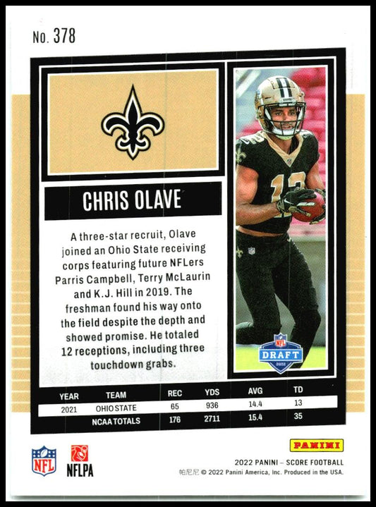 2022 Score #378 Chris Olave Rookie New Orleans Saints