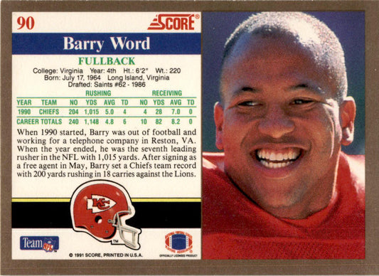 1991 Score #90 Barry Word Kansas City Chiefs