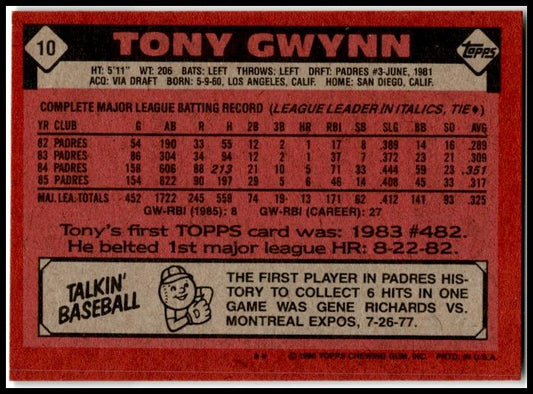 1986 Topps #10 Tony Gwynn San Diego Padres