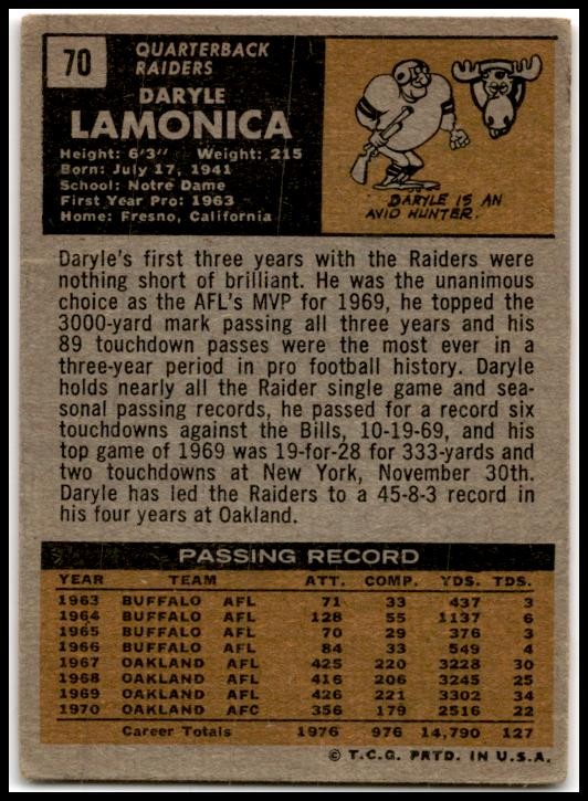 1971 Topps #70 Daryle Lamonica Oakland Raiders