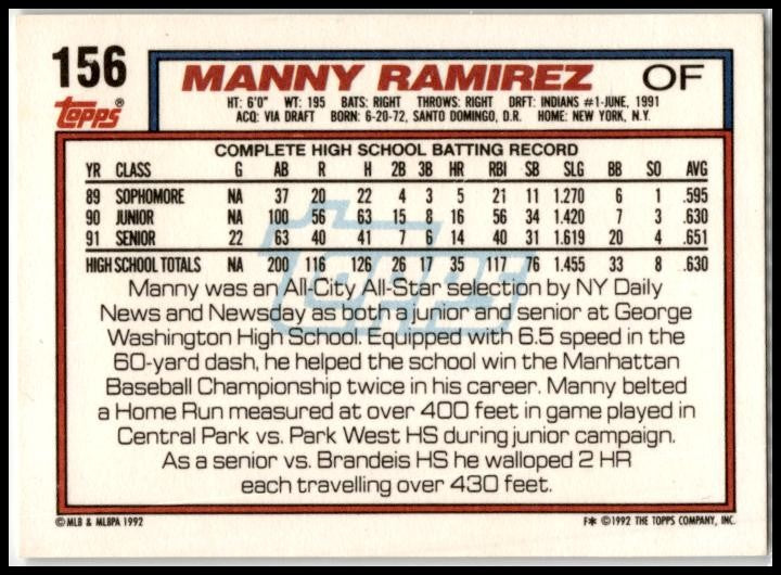 1992 Topps #156 Manny Ramirez Rookie Cleveland Indians