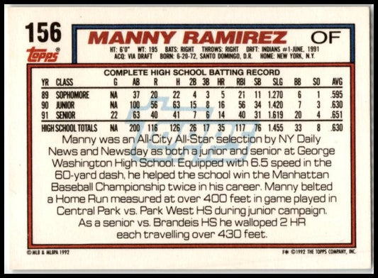 1992 Topps #156 Manny Ramirez Rookie Cleveland Indians