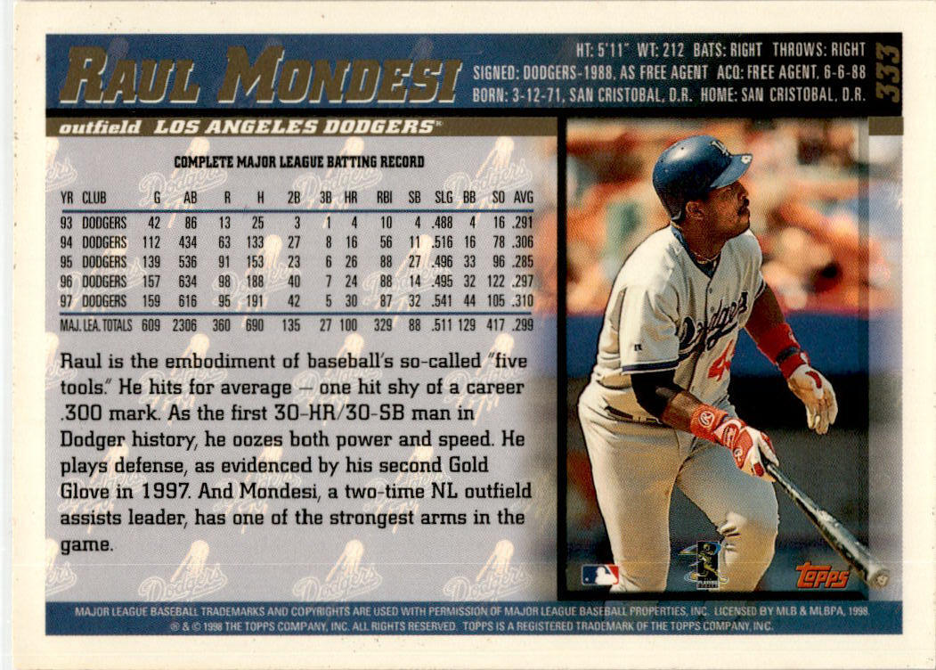1998 Topps #333 Raul Mondesi Los Angeles Dodgers